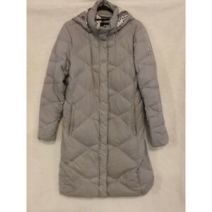 The North Face Womens Large Gray Long Down Puffer Jacket Hooded Goose Down Hood
